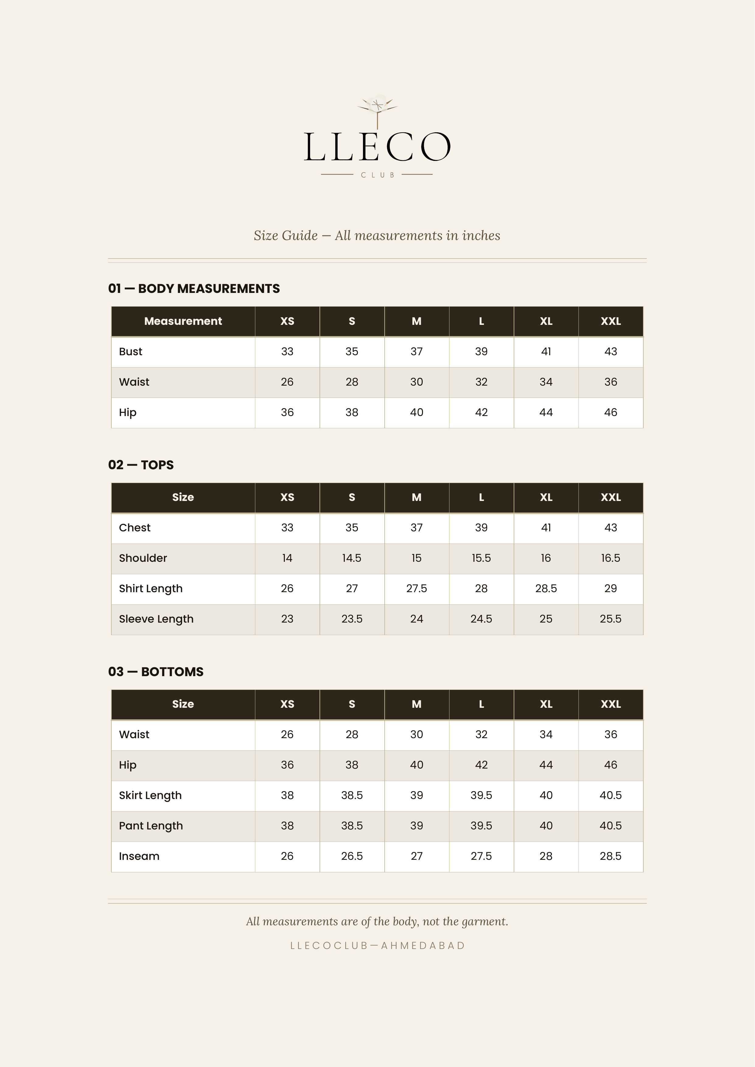 LLECO Club Size Guide